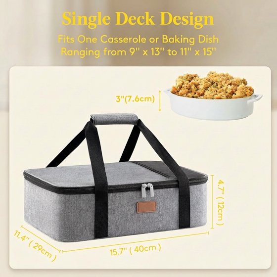 Norcho Insulated Single Decker Casserole Carrier, Lasagna Tote Bag for Hot or Cold Food, Fits 9" x 13" Baking Dish, Gray