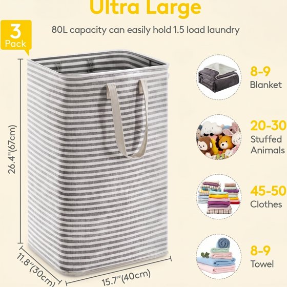 Norcho 2 Pack 80L Foldable Waterproof Laundry Basket with Extendable Handles, Stands Upright, Black