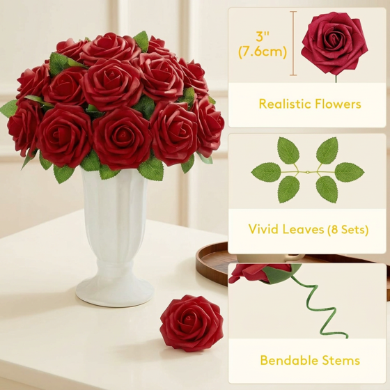 Norcho 50 Pcs Dark Red Foam Roses Artificial Flowers Stems, Real Looking Fake for DIY Wedding Bouquets Centerpieces Valentine