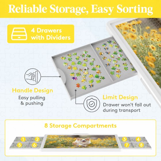 Norcho 1500 Pieces Rotating Puzzle Board with Divided Drawers, Felt Mat, Protective Cover, Portable Jigsaw Puzzle Table with Handle, 4 Extra Felt Trays, 35" x 27", White