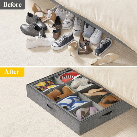 Norcho Under Bed Shoe Organizer Holds 8 Pairs, 4.3" Tall Sturdy Foldable Sneaker Storage Boxes for Boots Heels, 3 Pack