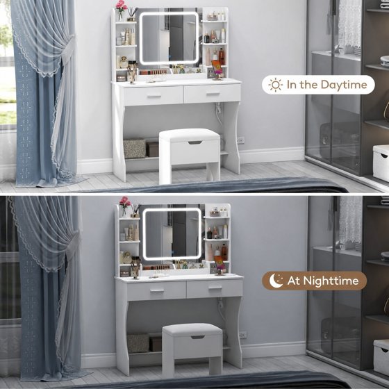 Norcho Vanity with Mirror and LED, Adjustable Color & Brightness, 2 Power Outlets & 2 USB Ports, White Makeup Desk with Storage Stool, 8 Open Shelves, 2 Drawers & Bottom Shelf