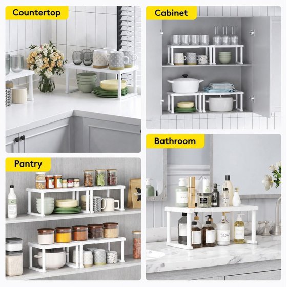 Norcho Cabinet Shelf Organiser, Expandable Countertop Kitchen Shelves, Plastic Shelf Riser for Pantry Kitchen Storage and Spice Rack, Set of 2, 16 x 8 x 7 inch (40 x 21 x 18 cm)