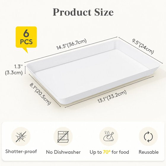 Norcho Serving Tray Set, 15" x 10" White Serving Platters for Party Supplies, 6 Pack Reusable Food Trays for Veggies, Snacks, Fruit, Cookies, Desserts, Kitchen & Pantry Organization
