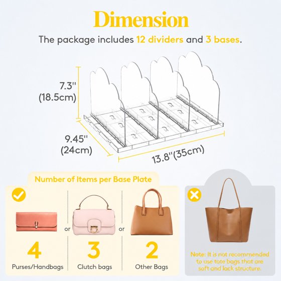 Norcho Purse Organizer for Closet 3 Pack, Clear Handbag Storage Organizer, Adjustable Clutch Bag Dividers for Closet Shelf, Bookshelf Dividers for Sweaters Bedroom Storage