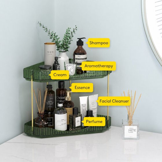 Norcho 2-Tier Corner Bathroom Counter Organizer, Plastic Makeup & Skincare Storage Shelf, Large Countertop Cosmetic & Perfume Organizer for Bathroom, Bedroom, Kitchen & Vanity, Green
