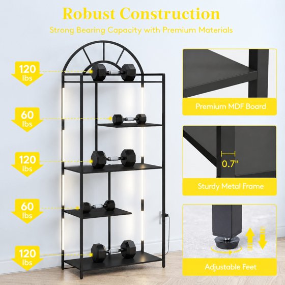 Norcho Arched Geometric LED Display Shelf with Adjustable Color Temperature & Brightness Control, Etagere Bookshelf with Metal Frame & Wood Shelves for Living Room, Bedroom & Curio Display, Black