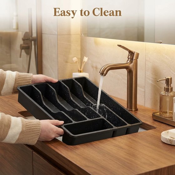 Norcho Silverware Organizer with Lid, Covered Utensil Tray for Kitchen Drawer and Countertop, 12.6 x 11.8", Plastic Cutlery and Flatware Holder, Black
