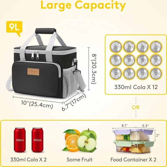 Norcho Insulated Lunch Bag Soft Cooler Tote for Adults, Gray Black 12-Can 9L