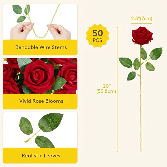 Norcho 50 Pcs Red Artificial Roses Bulk, Fake Long Stem Silk Flowers for DIY Wedding Bouquets Centerpieces Valentine Decor