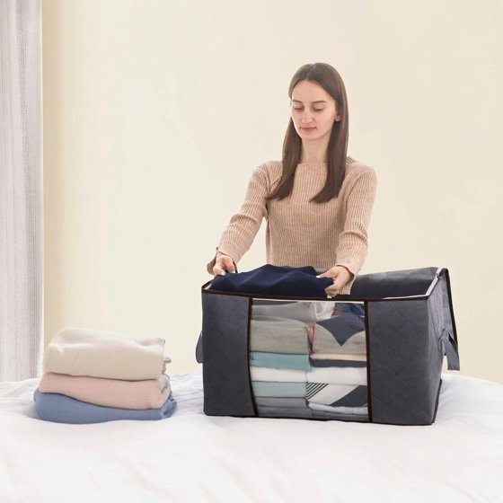 Norcho 3 Pack 90L Storage Bins with Lids Zippers, Foldable Blanket Bags Clear Window Reinforced Handles