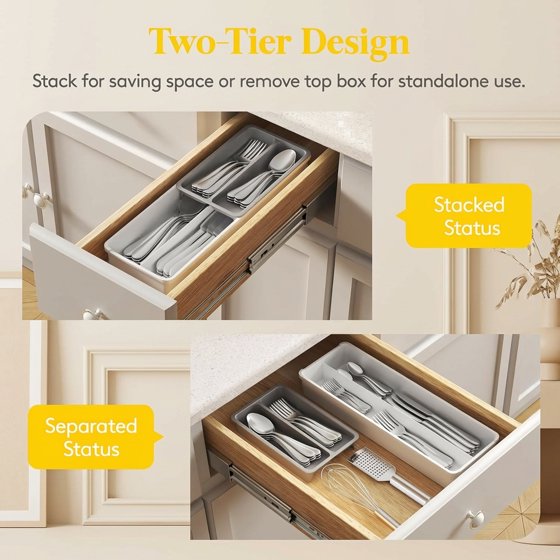 Norcho Compact Silverware Organizer for Kitchen Drawer, Narrow Flatware Tray Holder for Spoons, Forks, and Knives, White & Gray