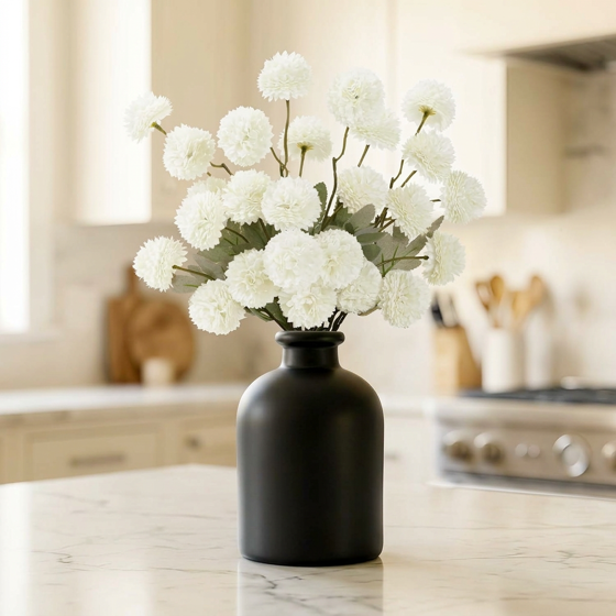 Norcho 5 Pcs White Artificial Silk Mums Ball Flowers Long Stems, Fake Chrysanthemums Pom Pom for Vase Home Wedding Decor