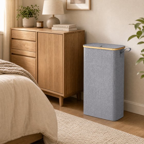 Norcho 65L Slim Laundry Hamper with Lid, Narrow Collapsible Laundry Basket with Removable Bag and Bamboo Handles, Light Gray