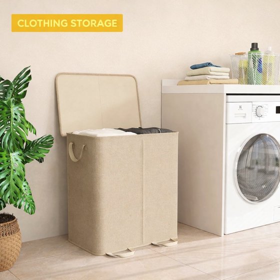 Norcho Double Laundry Hamper with Lid and Removable Bags, Large Collapsible 2-Divider Laundry Basket with Handles, 155L, Beige