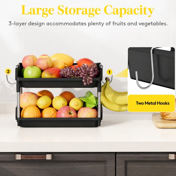 Norcho 2 Tier Fruit Basket for Kitchen Counter with Banana Hanger, Fruit Bowl and Vegetable Storage Stand Organizer for Bread, Snacks and Produce