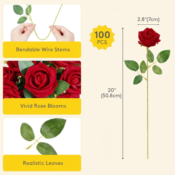 Norcho 100 Pcs Red Artificial Roses Bulk, Fake Long Stem Silk Flowers for DIY Wedding Bouquets Centerpieces Valentine Decor