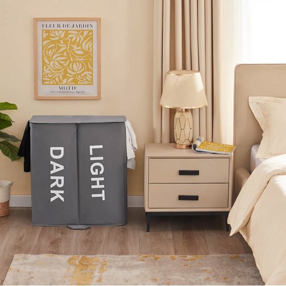 Norcho 136L Double Laundry Hamper with Lid, Large Divided Laundry Basket with Removable Bags, Collapsible 2-Section Hamper with Handles, Gray