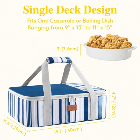 Norcho Insulated Double Decker Casserole Carrier, Lasagna Tote Bag for Hot or Cold Food, Fits 9" x 13" Baking Dish, Blue