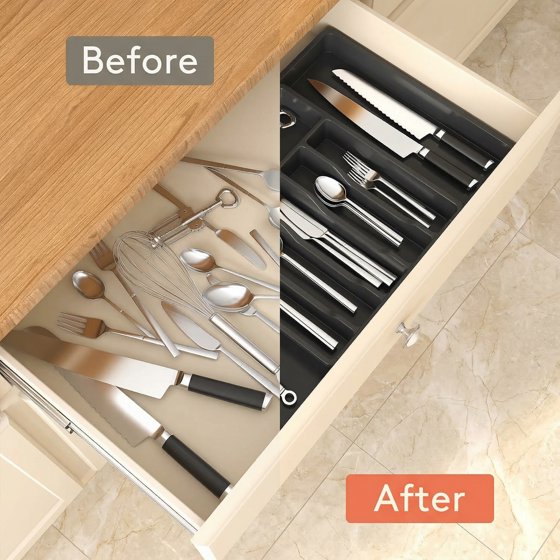 Norcho Silverware Drawer Organizer, Expandable Utensil Tray for Kitchen, Cutlery and Flatware Holder, Adjustable Storage for Spoons, Forks and Knives, 13–22 x 15", Black