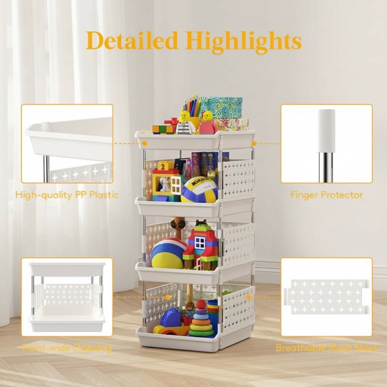 Norcho 4-Tier Plastic Stackable Storage Baskets, Stacking Bins for Food, Clothes, and Household Organization, White
