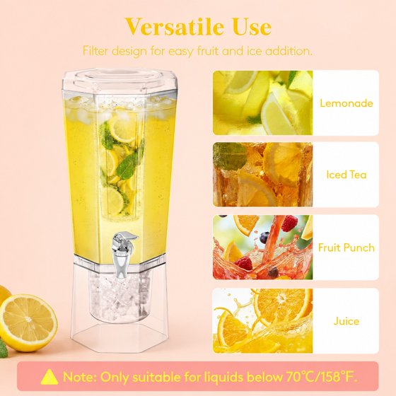 Norcho 1.1 Gallon Drink Dispenser for Parties with Stand and Ice Core, Clear Plastic Beverage Dispenser with Spigot for Juice, Tea, Soda, BPA-Free Lemonade Water Pitcher for Fridge and Events