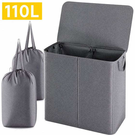 Norcho Double Laundry Hamper with Lid, Divided Laundry Basket with Removable Bags and Handles, Large Separated Clothes Basket, Gray