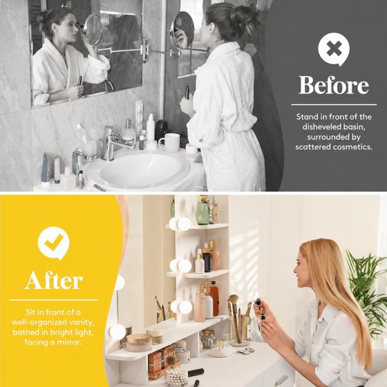 Norcho Vanity Desk Set with Mirror and Lights, Makeup Dressing Table with 2 Drawers & Chair, 3 Lighting Modes Adjustable Brightness, Wooden Top & Iron Frame for Bedroom, White