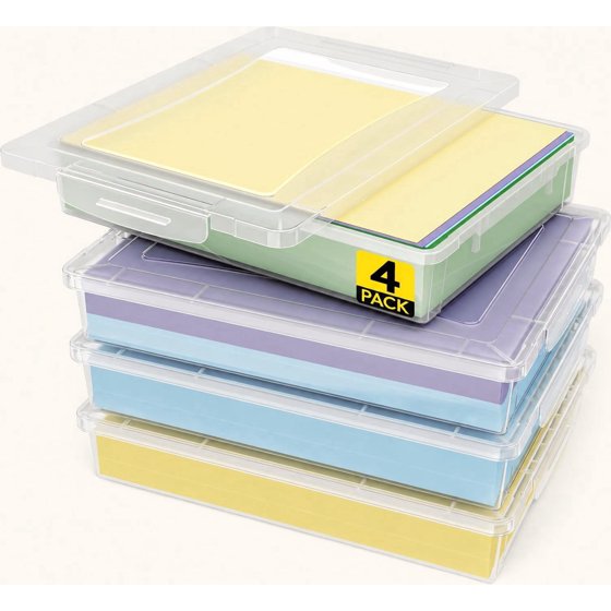 Norcho 4 Pack Paper Organizer Storage Boxes, 12 x 9 inch Multi-Purpose Clear Plastic File Box with Latching Lids for A4, 8.5" x 11" Letter Size Documents, Scrapbook, Magazine & Art Supplies