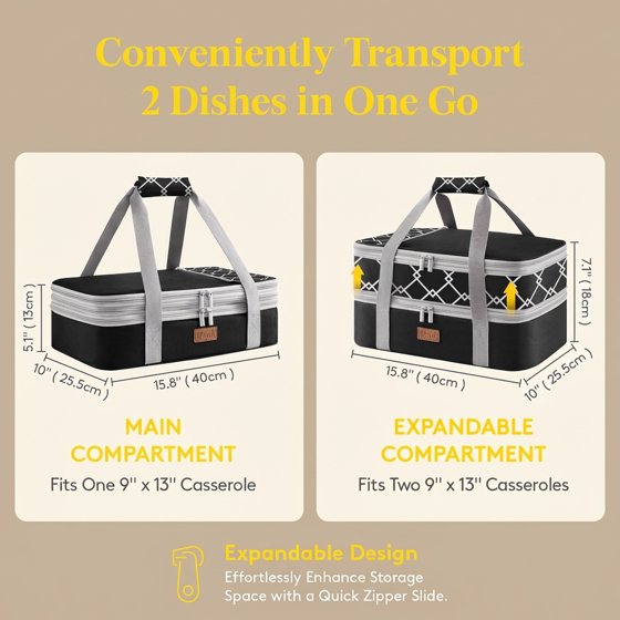 Norcho Insulated Double Decker Casserole Carrier, Expandable Lasagna Tote Bag for Hot or Cold Food, Fits 9" x 13" Baking Dish, Black-Geometric