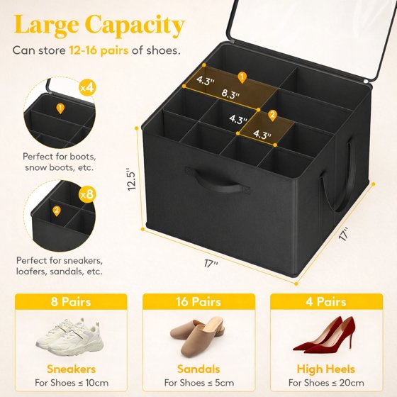Norcho Shoe Storage Organizer for Closet, Large Fabric Shoe Boxes with Clear Lids, Foldable Bins for Boots, Heels, and Sneakers, Fits 24–32 Pairs (12–16 Pairs Each), 2-Pack, Black