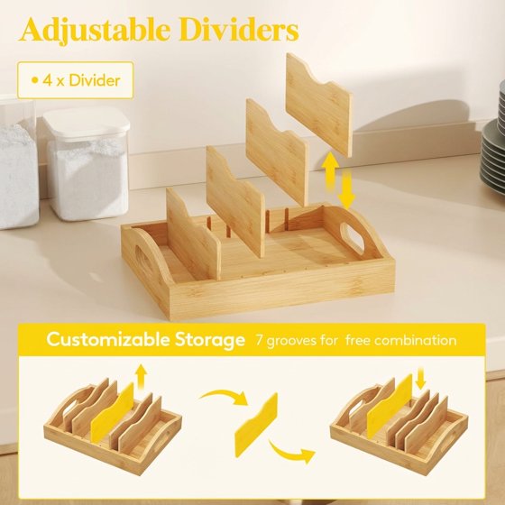 Norcho Bamboo Lid Organizer for Cabinet, Adjustable Food Storage Container Lid Holder with 4 Inserts and 5 Compartments, 10.6" x 8.3" for Kitchen Pantry Organization