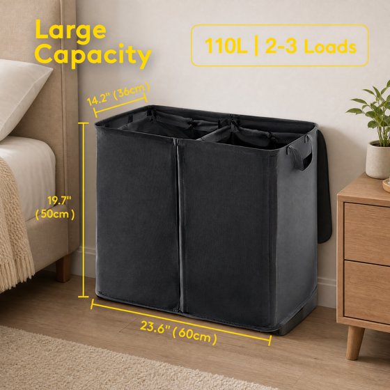 Norcho Double Laundry Hamper with Lid, Divided Laundry Basket with Removable Bags and Handles, Large Separated Clothes Basket, Black
