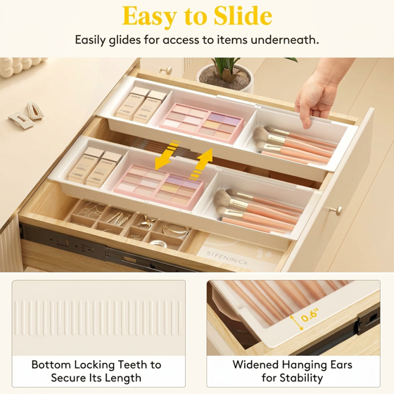 Norcho Sliding Makeup Drawer Organizer, Fits 13-20" Deep, Extendable Hanging Divider 1.8" High Tray Vanity Office Kitchen White 2Pcs