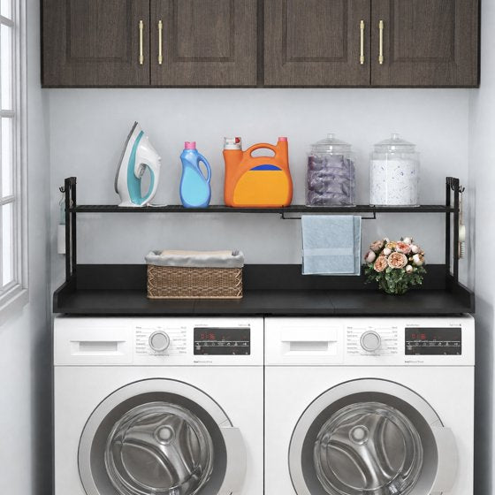 Norcho Washer Dryer Countertop with Adjustable Shelf, Melamine Laundry Room Organizer Top with Edge Rails and Towel Rack for Storage and Organization, Black