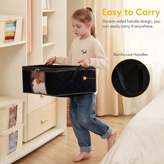 Norcho 6 Pack Clothes Storage Bag Foldable Bin with Reinforced Handle, Clear Window, Sturdy Fabric for Clothing Bedding, Black