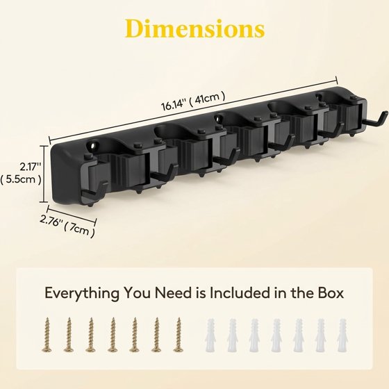 Norcho Wall Mount Mop Broom Holder, Anti-Slip Hanger 5 Slots 6 Hooks Holds 30lbs, Garage Closet Kitchen, Black 2 Pack