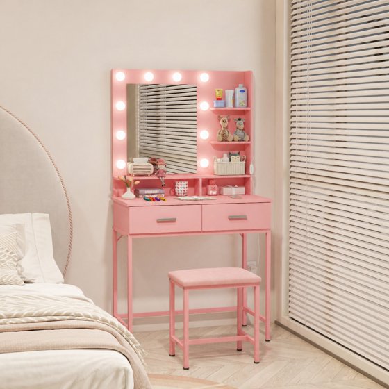Norcho Vanity Desk Set with Mirror and Lights, Makeup Dressing Table with 2 Drawers & Chair, 3 Lighting Modes Adjustable Brightness, Wooden Top & Iron Frame for Bedroom, Pink