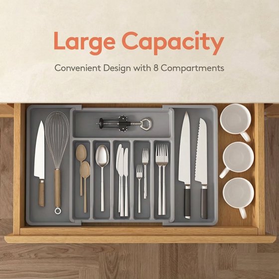 Norcho Silverware Drawer Organizer, Expandable Utensil Tray for Kitchen, Cutlery and Flatware Holder, Adjustable Storage for Spoons, Forks and Knives, 13–22 x 15", Gray