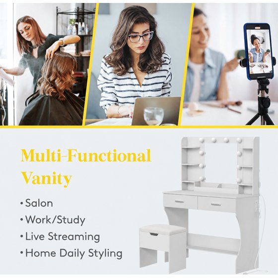 Norcho Vanity with Mirror and Bulbs Lights, Adjustable Color & Brightness, 2 Power Outlets & 2 USB Ports, White Makeup Desk with Storage Stool, 8 Open Shelves, 2 Drawers & Bottom Shelf