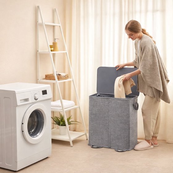 Norcho Double Laundry Hamper with Lid and Removable Bags, Large Collapsible 2-Divider Laundry Basket with Handles, 155L, Gray