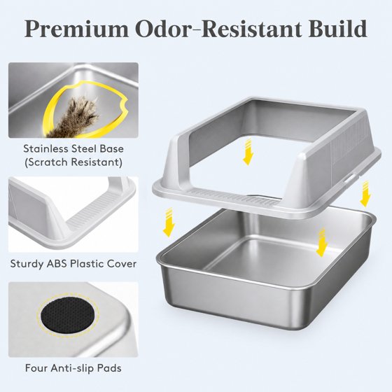Norcho Stainless Steel Cat Litter Box for Kitty, Metal Litter Tray with High Sides, Anti-Leakage Design, Non-Slip Pads and Easy Clean Surface, Top Entry Pet Litter Pan